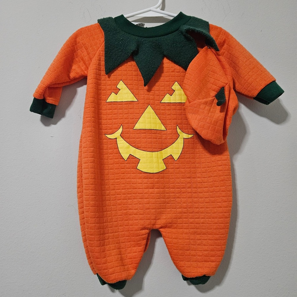 Vintage Sweet Treasures Infant Pumpkin Costume Romper with Hat Orange 3/6 Months